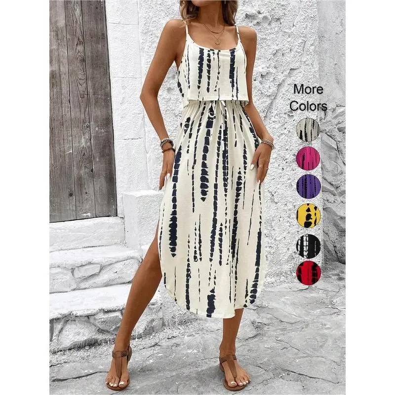 Women's All Over Print Tie Front Split Thigh Cami Dress, Casual Sleeveless Spaghetti Strap Long Dress for Summer, Ladies Clothes for Beach Holiday, Slip Dress