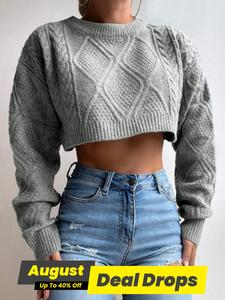 Women's Plain Textured Crop Sweater, Casual Long Sleeve Round Neck Jumper, Ultra Crop Top, Sweaters for Women, Women's Spring & Fall Knit Clothing for Daily Wear, Clubbing Tops, Ultra Crop Top