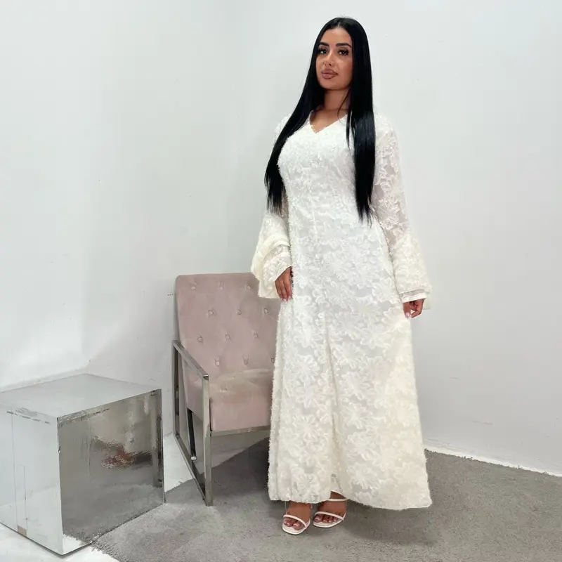Ladies modest lined summer v neck flare sleeve tie back dress uk onesize 6-12 length 140cm 4