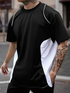 Men's Colorblock Short Sleeve Tee, Loose Casual Breathable Round Neck T-shirt for Summer, Men's Top for Daily Wear