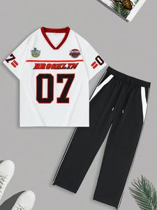 Men's Letter ＆ Number Print Short Sleeve Tee & Pants Set, Casual Breathable V Neck T-shirt & Trousers, Men's Summer Clothes for Daily Wear