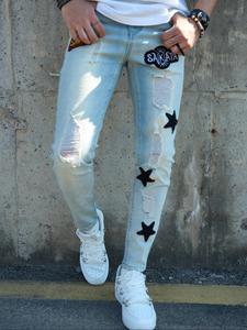Men's Star Patched Ripped Jeans, Casual Comfy Slim-fitting Denim Pants for Daily Wear, Fashion Men's Bottoms for All Seasons, Cotton