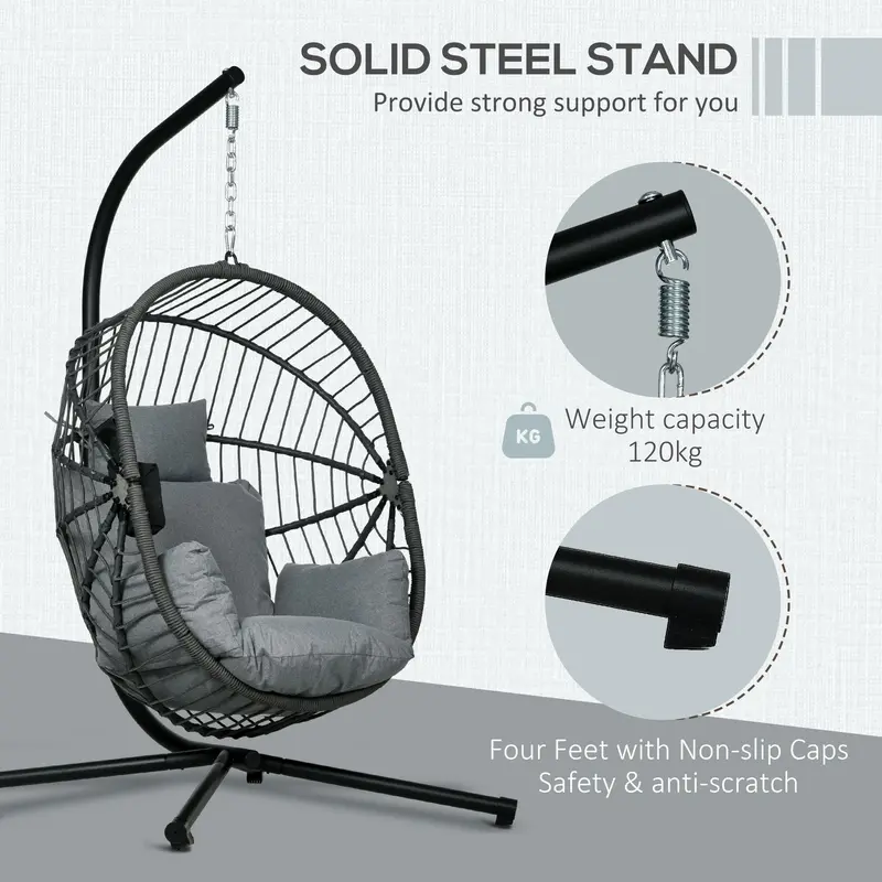 Outsunny Metal Stand Hanging Egg Chair, with Full Body Padded Seat - Grey 3