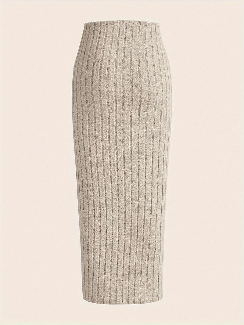 Product Introduction of Solid Rib Knit Bodycon Skirt, Elegant High Waist Maxi Skirt, Women's Clothing 0