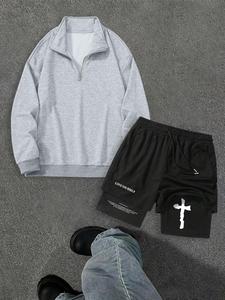 Men's Solid Half Zip Pullover & Letter Print 2-in-1 Shorts Two-piece Set, Casual Fashion Cozy Breathable Two Piece Outfits for Daily Outdoor Wear, Men's Clothes for Spring & Fall