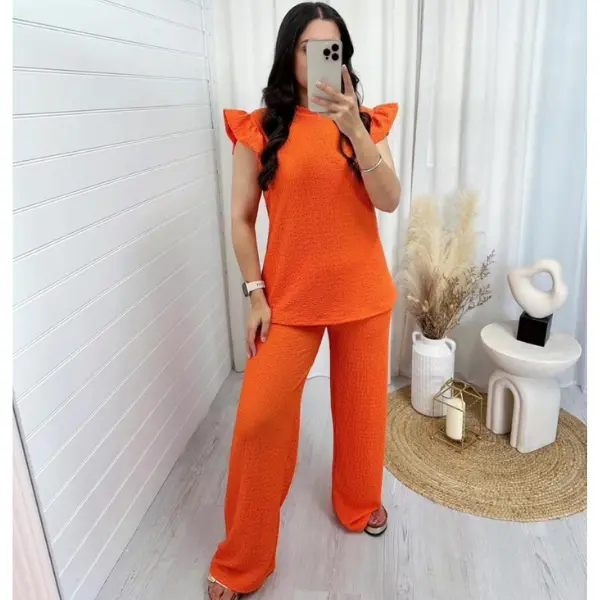 Women's Super Soft Popcorn Loungewear Set 2PC Frill Top & Trousers Co-Ord - Lounge Sleepwear Comfy Outfit in Black/White/Camel