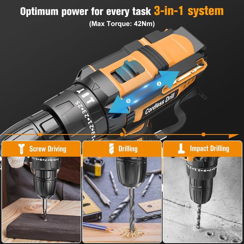 JYGMPRO Cordless Drill Driver 21V, Hammer Drill with 2 Batteries 2000mAh, 25+3 Torque, 42N.m Max Electric Drill, 30PCS Drill Bits, 2 Speed, LED Light for Home and Garden DIY Project 1