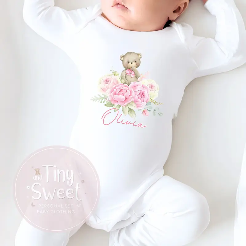 Pink Floral Bear Personalised Sleepsuit/Babygrow 0