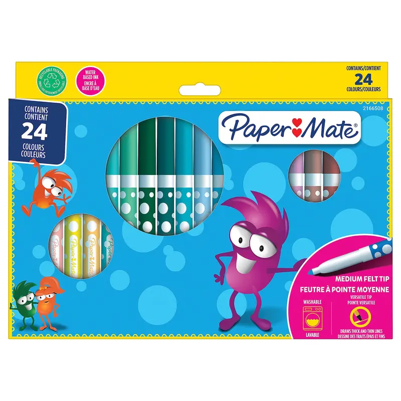 Paper Mate Children's Felt Tip Colouring Pens | Washable | Assorted Colours | 24 Fibre Tip Markers 0