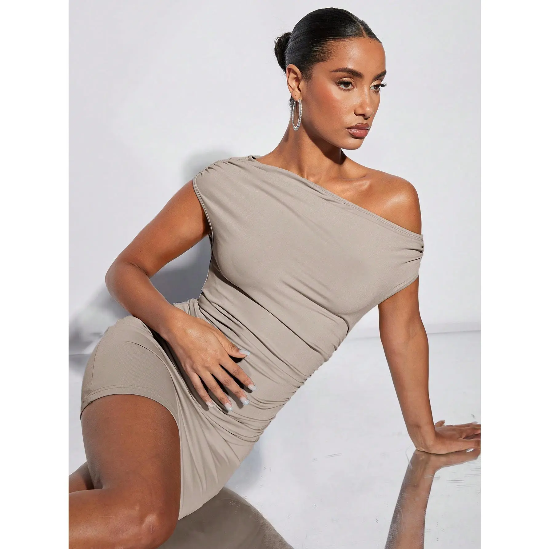 BAE Asymmetrical Neck Ruched Bodycon Dress