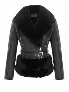 Women's Faux Leather Jacket, Casual Fall & Winter Coat, Thick Woven Fabric, Adjustable Waist Belt, Warm Daily Wear Outerwear