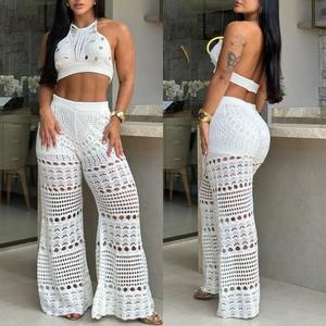 ChicMe Women's 2 Pieces Round Sequin Knitted Halter Sleeveless Crop Top and Casual Strechy Waist Wide Leg Knit Pants Set