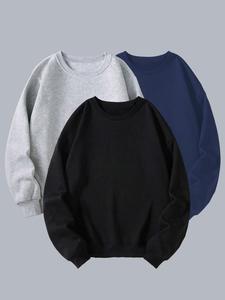 Men's Solid Round Neck Sweatshirt, Casual Loose Long Sleeve Pullover for Spring & Fall, Men's Top for Daily Wear