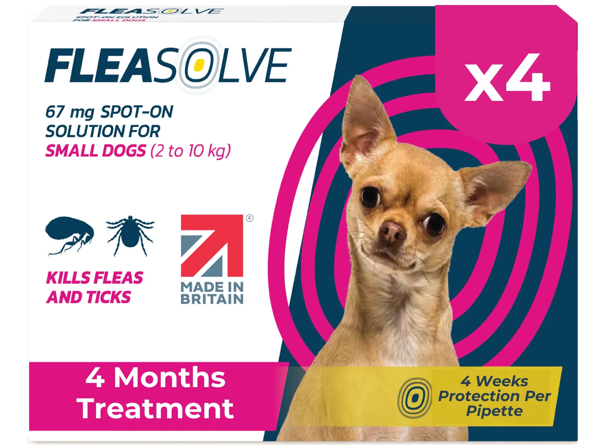 Dog Flea Treatment x4 Pipette – Small Dog - 2kg to 10kg – 4 Months Treatment - Fleasolve