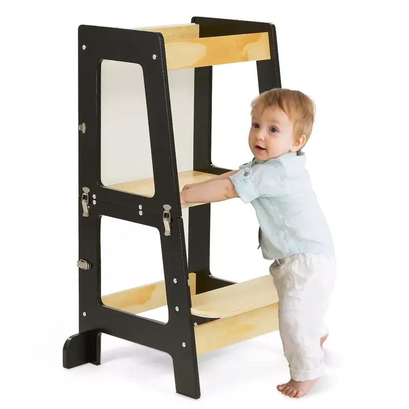 3-in-1 Toddler Learning Tower Kids Step Stool & Mini Desk with Safety Rail Black And white 0