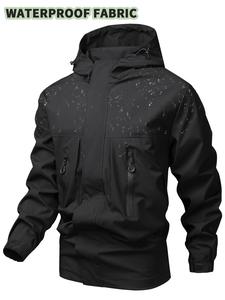 Men's Regular Fit Solid Zip Up Hooded Jacket, Casual Long Sleeve Drawstring Waterproof Jacket for Outdoor Activities, Fashion Men's Clothes for All Seasons, Going Out Tops