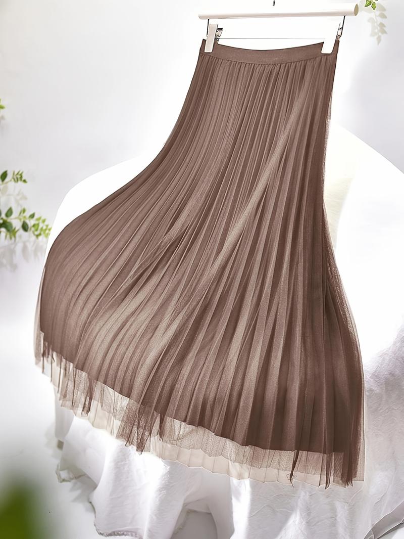 Product Introduction of Polly Pocket Skirt Women'S Chic A-Line Pleated Skirt, 100% Polyester Knit Fabric, Solid Color, Elastic Waist, All-Season, Breathable Mesh Lining, 24g/m² - Elegant Midi Skirt 0