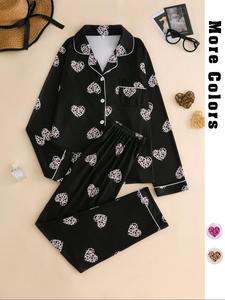 Two-piece Set Women's All Over Print Lapel Neck Pocket Shirt & Elastic Waist Pants Pyjama, Casual Comfy Long Sleeve Button Up Top & Trousers Pj Set, Women's Sleepwear for Spring & Fall, Pajamas