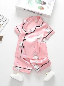 Girl's Soft Satin Cartoon Rabbit Print Lapel Short Sleeve Blouse & Contrast Binding Shorts Matching Loungewear Pjs Set, Summer Clothes, Cute Cozy Casual Comfy Pajama Pj Set for Kids, Pajamas, Kids Clothes Girls, Pajamas Sleepwear