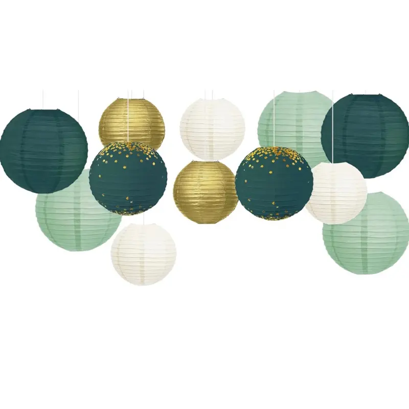 NICROLANDEE Wedding Party Decorations - 12Pcs Green Gold Hanging Paper Lanterns For Rustic Style Spring Decor Bridal Shower Baby Shower Birthday Eucalyptus Neutral Party Decor