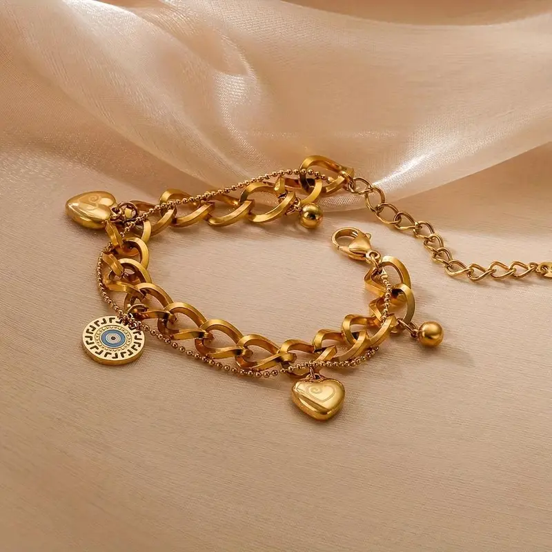 Elegant Golden-Tone Stainless Steel Bracelet with Heart Charms & Evil Eye Pendant - Vintage-Inspired, Design Perfect for Daily Wear & Gifting, Charm Bracelet 3
