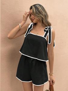 Two-Piece Set Women's Contrast Binding Cami Top & Shorts, Casual Sleeveless Top & Shorts for Daily Wear, Ladies Two-piece Outfits for Summer