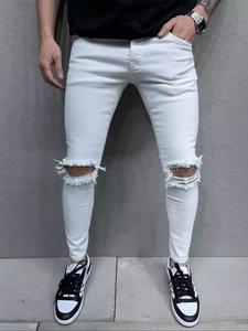 Men's Solid Color Ripped Jeans, Casual Comfy Regular Fit Skinny Jeans for Daily Wear, Fashion Men's Bottoms for All Seasons, Cotton