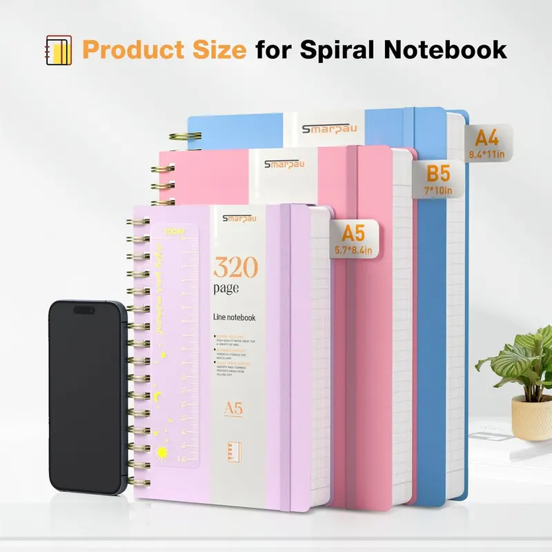 Smarpau B5 Lined Notebook, Wirebound Spiral Notebooks 320 Pages\/160 Sheets, 100gsm Thick Paper No Bleed, Hardcover PVC Journal for Women Work Office School Travel, 19 x 25 cm, Pink 1