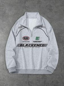 Men's Letter Print Half Zip Sweatshirt, Casual Loose Long Sleeve Pullover for Fall & Winter, Men's Clothes for Daily Wear