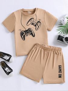 Two-Piece Set Set Boy's Game Console Print Tee & Side Stripe Shorts Set, Casual Round Neck Short Sleeve T-Shirt & Track Shorts, Summer Clothes for Kids
