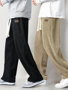 Men's Solid Patched Pocket Drawstring Waist Corduroy Pants, Loose Casual Comfy Elastic Waist Straight Leg Trousers for Fall & Winter, Men's Bottoms for Daily Wear