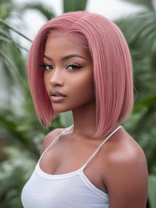 Pink Short Bob Wig, 13x6 T-lace Middle Part Wigs for Women, Gorgeous Fluffy Wigs, Human Hair Wigs for Party, Daily Use