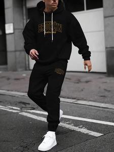 Two-piece Set Men's Letter Print Thermal Lined Hoodie & Pocket Drawstring Waist Sweatpants, Casual Fashion Cozy Regular Fit Two Piece Outfits for Daily Outdoor Wear, Men Clothes for Fall & Winter, Fashion Sets