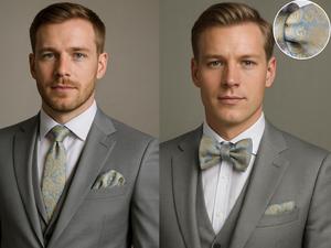 Bespoke Sky Blue & Gold Paisley Tie or Bow Tie in Premium Silk Necktie Pocket Square for Grooms, Prom, or Standout Suit Looks