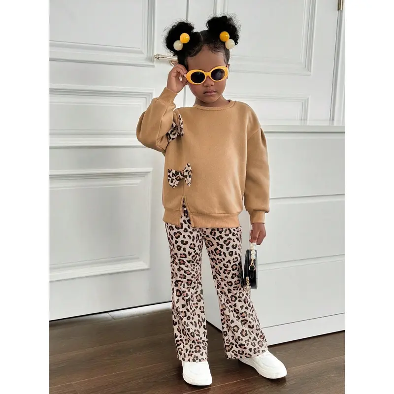 2pcs/Set Young Girl Solid Color Round Neck 3D Leopard Print Bow Knitted Sweater Top With Leopard Print Knitted Pants 2