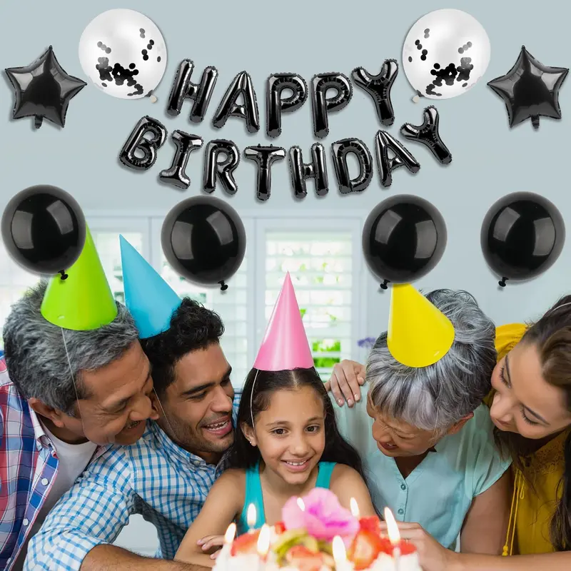 25 Pcs Birthday Balloon Banner - Happy Birthday Balloons, Decorations - 3D Foil Letter & Star (Black) 3