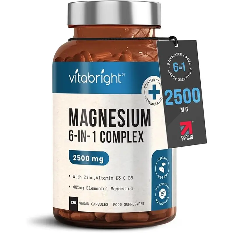 Magnesium Glycinate 6-in-1 Complex 2500mg, 485mg Elemental Magnesium Supplements High Strength, With Zinc, Vitamin D3 & B6, Chelated Magnesium Tablets Citrate, Bisglycinate, Malate, Made VitaBright UK 1
