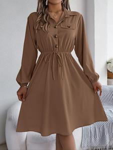 Women's Plain Button Front Drawstring Knot Front Shirt Dress, Elegant Pocket Bishop Sleeve Collared A Line Dress for Spring & Fall, Ladies Clothes for Daily Wear