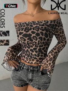 Women's Leopard Print Off Shoulder Tulle Top, Fashion Casual Flounce Sleeve Top for Daily Outdoor Wear, Women Clothing for All Seasons