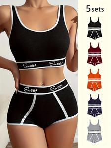 Women's 10pcs Letter Tape Wireless Bra & Contrast Binding Boyshorts Set, Casual Soft Comfy Breathable Lingerie Set for Daily Wear, Fashion Ladies Athletic Underwear Set for All Seasons, Women Underwear Set, Clothing, Underwear Undergarments, Fitted Tank