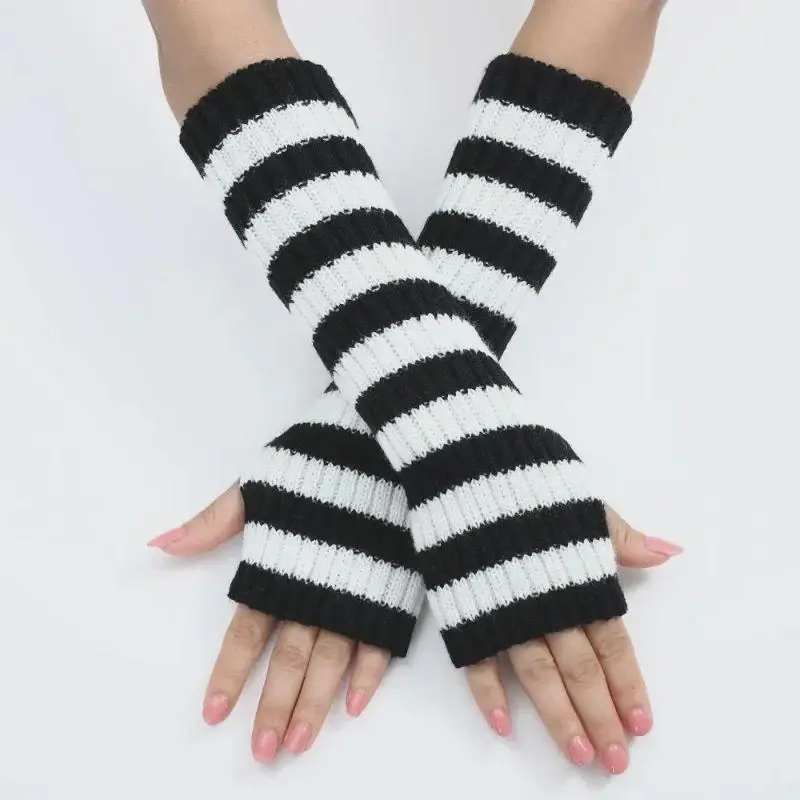 Women's Striped Knit Arm Warmers – 30cm Long Fingerless Gloves – Ideal for Gothic & Everyday Casual Wear 1