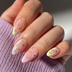 Short Almond Fake Nail with Tape & Nail File, 24pcs/set Cute Colorblock Press on Nails for Women & Girls DIY Nail Art, Elegant Stick on Nails Kit