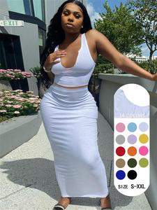 Two-piece Set Women's Solid Notched Neck Crop Tank Top & High Waist Bodycon Skirt Set, Casual Sleeveless Top & Long Skirt, Ladies Summer Clothes for Daily Wear, Outfit Sets Women, Matching Clothing Set, Beach Outfits Set