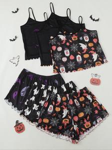Women's Halloween Themed Cartoon Print Contrast Binding Crop Cami Top & Lettuce Trim Shorts Pyjama Set, Casual Comfortable Pj Set for Women, Women's Sleepwear for Fall