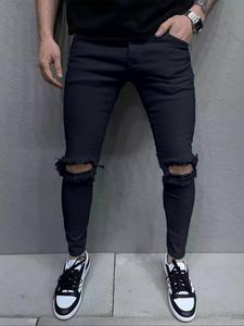 Men's Solid Ripped Knee Skinny Jeans, Street Fashion Casual Comfy Denim Pants for Daily Wear, Mens Bottoms for All Seasons, Cotton, Streetwear