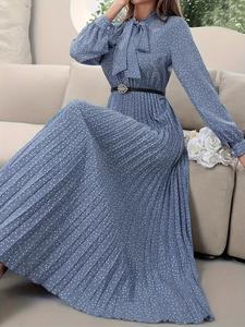 Women's Polka Dot Print Pleated Dress without Belt, Elegant Bishop Sleeve Dress for Spring & Fall, Women's Clothing for Daily Wear