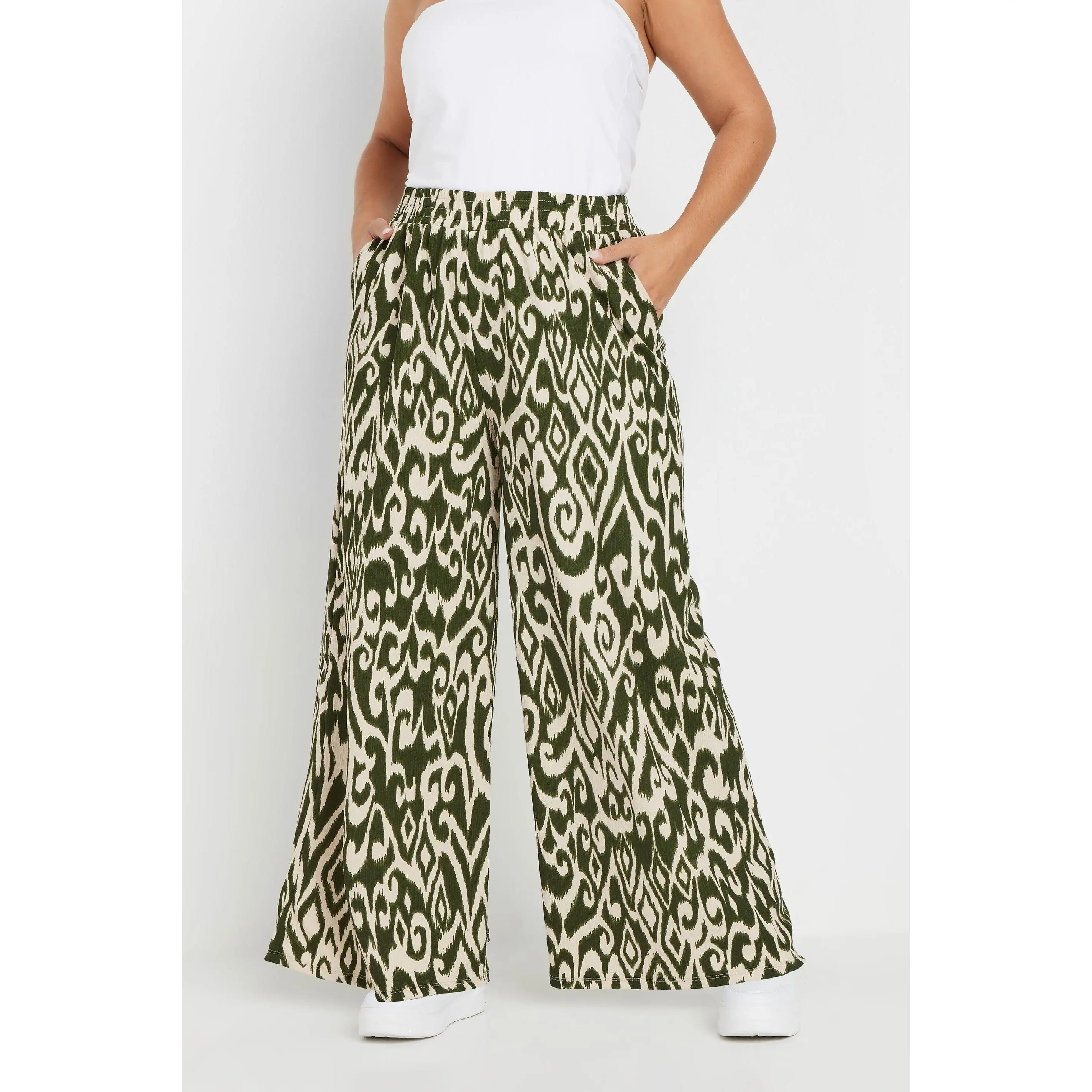 YOURS Curve Green Abstract Print Textured Wide Leg Trousers