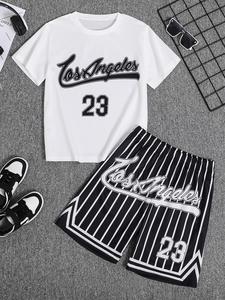 Two-Piece Set Toddler Boy's Letter Print Short Sleeve Tee & Striped Print Shorts, Casual Round Neck T-shirt & Shorts for Summer, Kids Clothes for Daily Wear