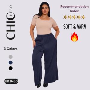 Chichero Premium Nylon Knitted Thick Pleated Trousers High Waist Straight Leg Women's Casual Pants with Pockets for Winter Basic Street Style Grey Minimalist