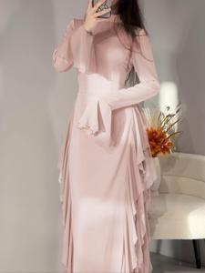 Pure Color Flare Sleeve Waist Cinching Long Dress, Slim-Fitting Holiday Style, Spring & Fall Fashion, Plain Pattern, Women's Clothing